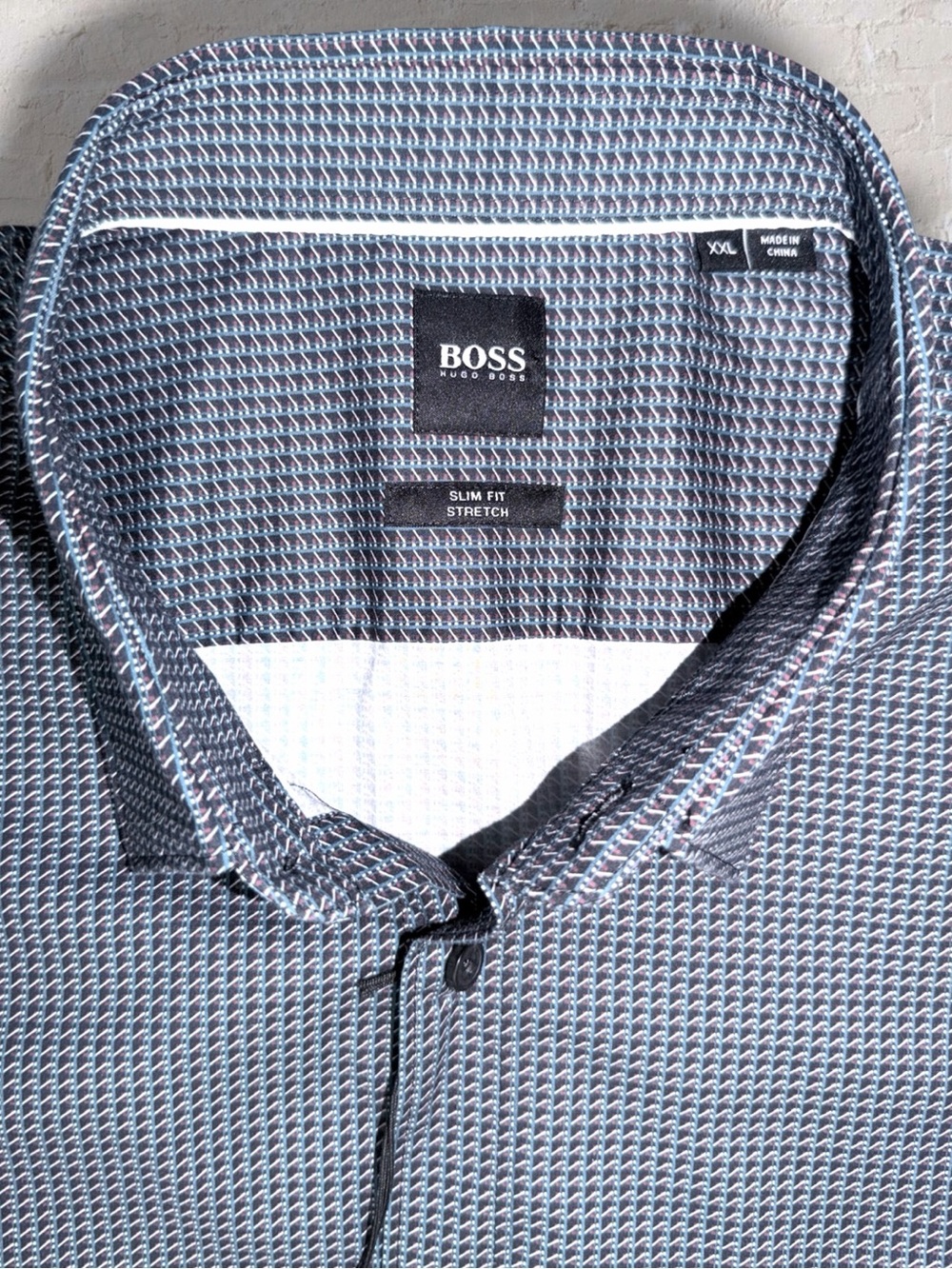 NWT Hugo Boss Ronni Slim Fit Stretch XXL Navy Geometric Print Dress Shirt $148 - Picture 2 of 16